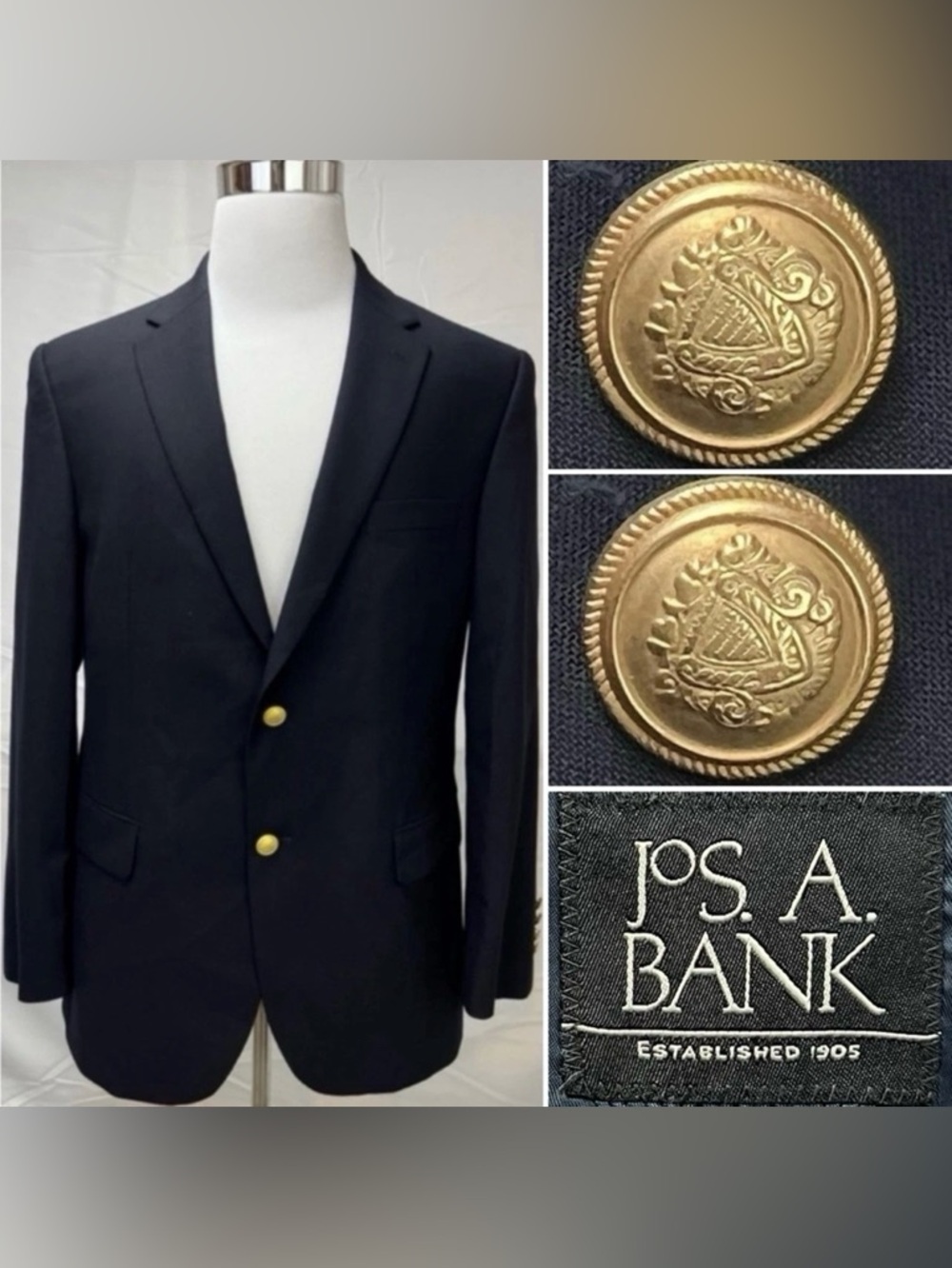 Jos A Bank Men’s 40L Navy Wool Gold Crest Button Blazer Jacket Sport Coat